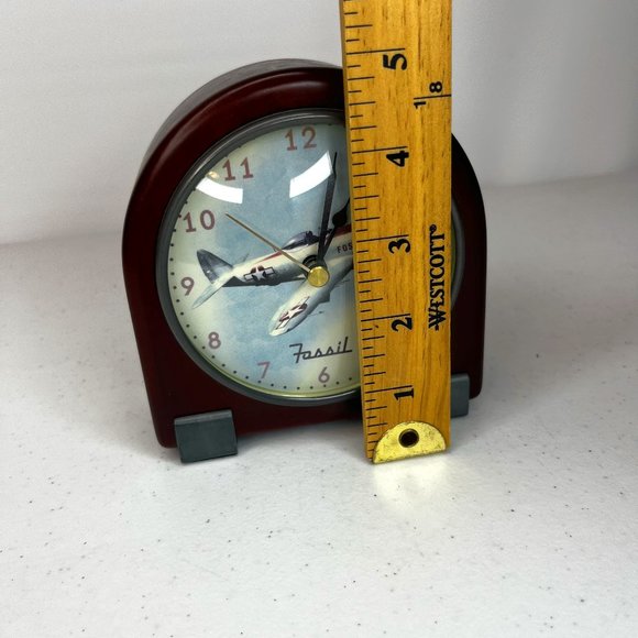 Fossil Mantel Desk Clock WWII Fighter Plane P-47 Thunderbolt Wooden Body AA Batt - Picture 7 of 12